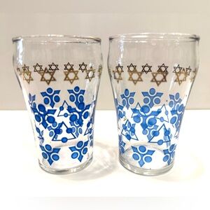 Vintage Glass Tumblers – Blue Geometric Design & Gold Star of David Motif